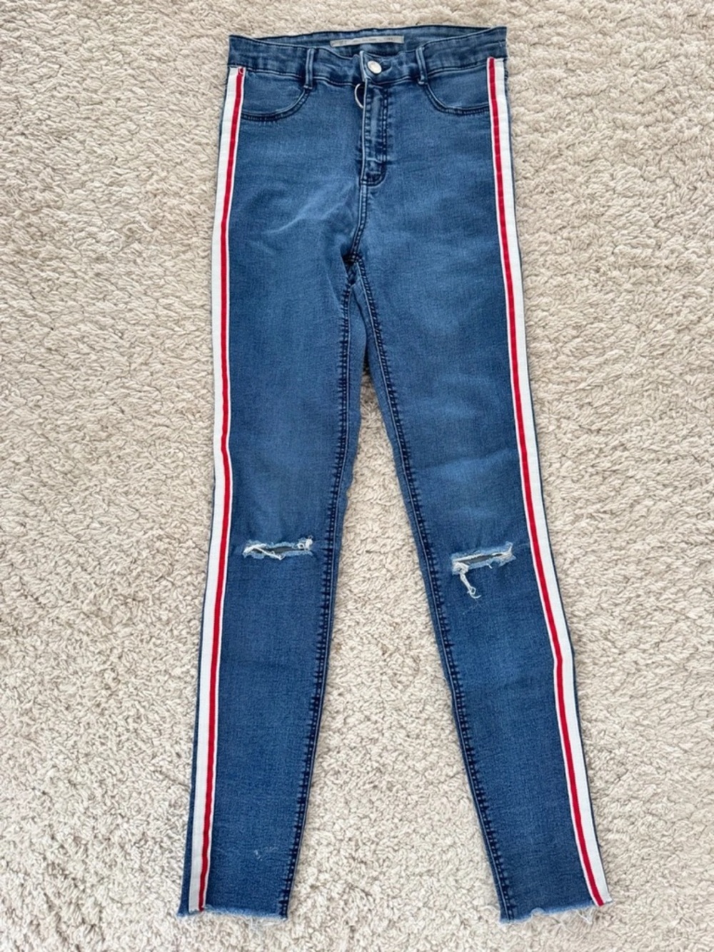 Dark Blue Side-Strip Skinny Jeans with Red & White Trim